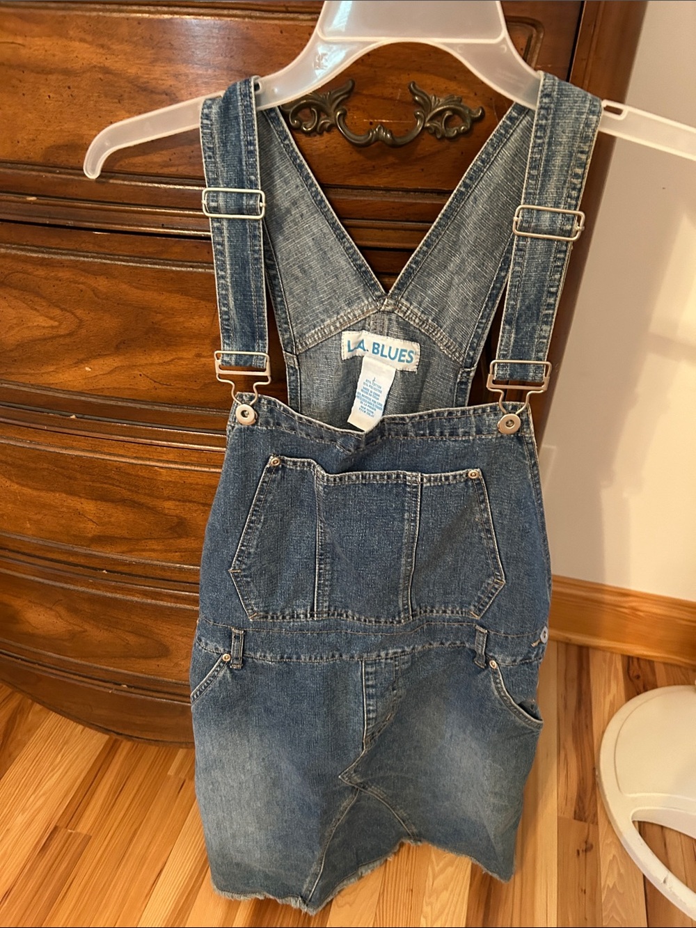 L.A. Blues Distressed Medium Blue Denim Asymmetrical Overall Skirt